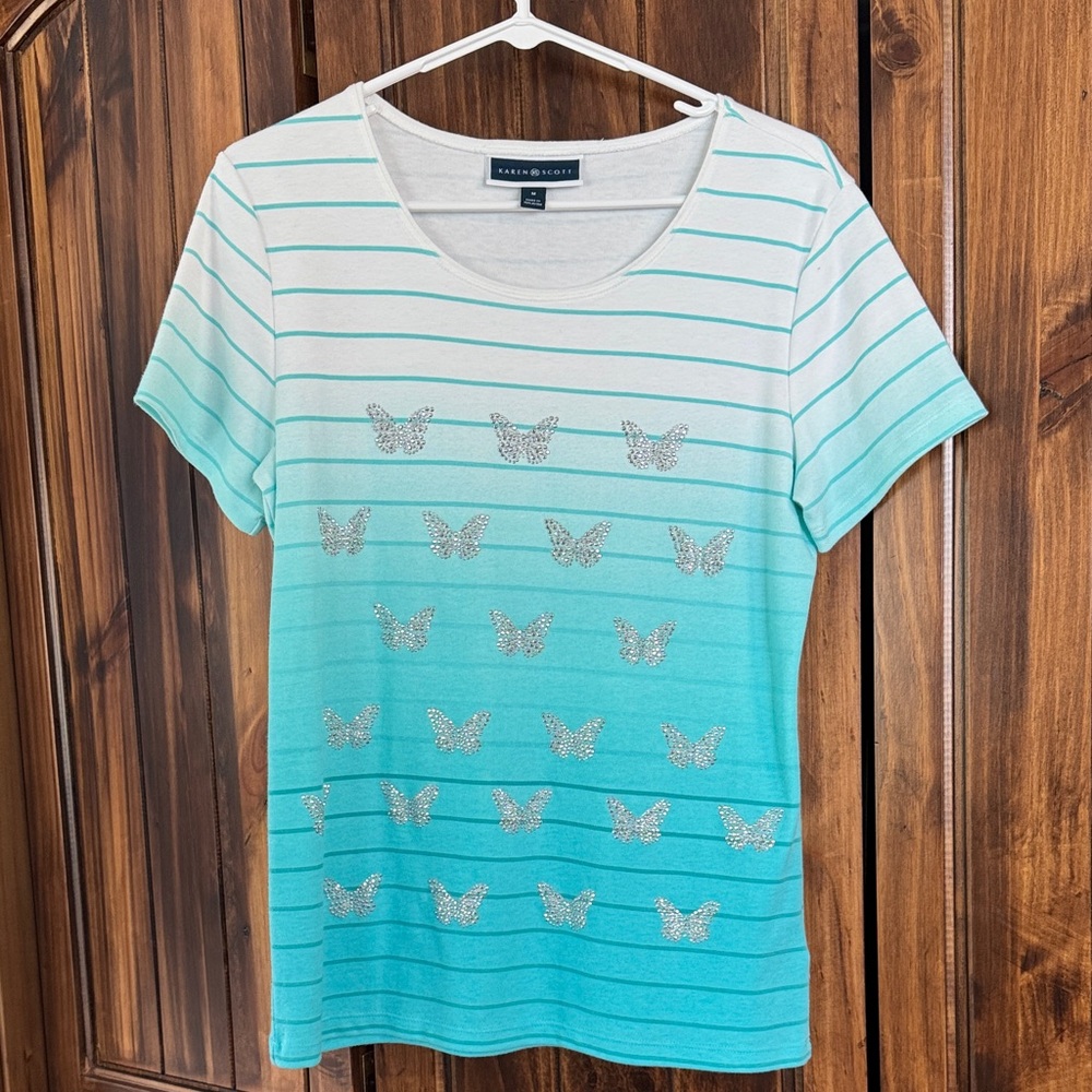 Karen Scott Aqua Ombre Stripe Short Sleeve Top with Rhinestone Butterflies